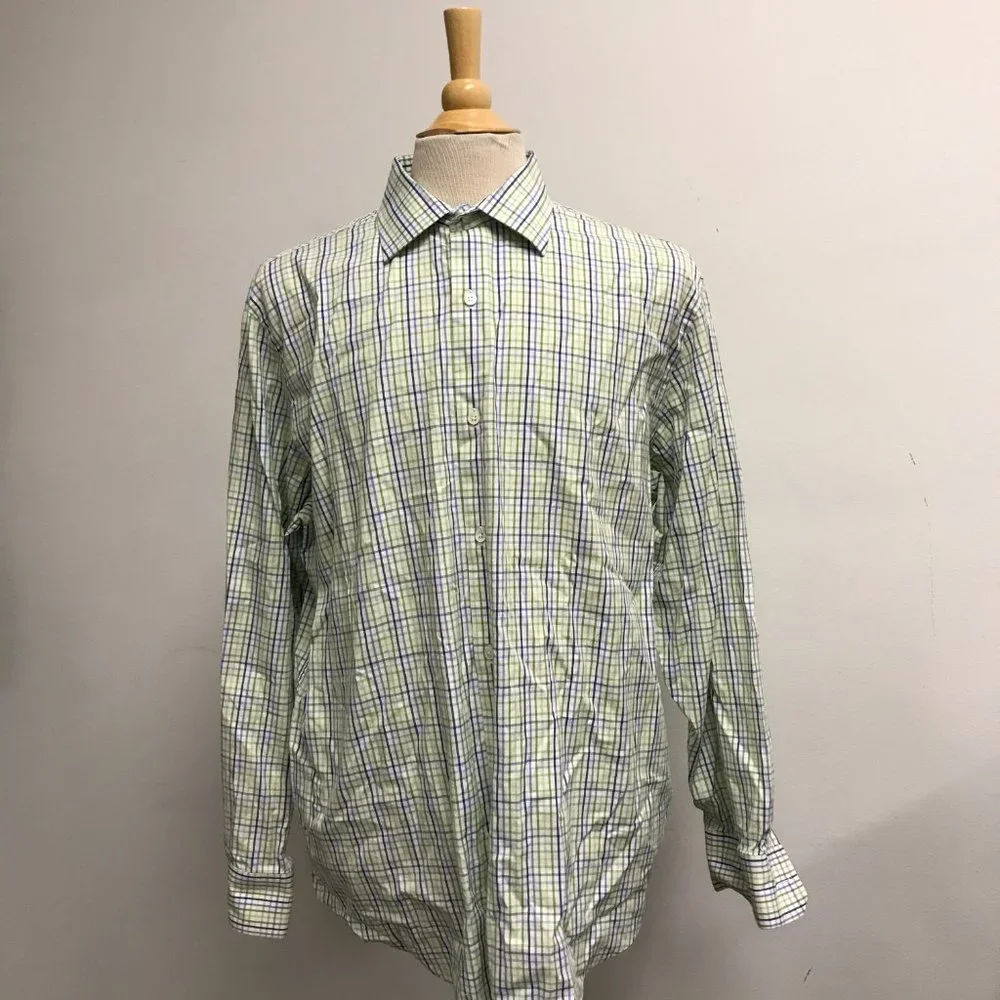 Banana Republic blue green white check plaid classic fit shirt XL 17 17.5